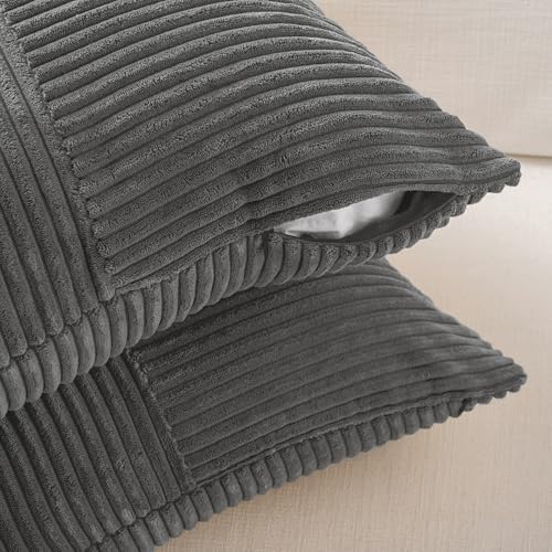 Fancy Homi 2 Packs Dark Gray Lumbar Decorative Throw Pillow Covers 14x22 Inch for Living Room Couch Bed Sofa, Farmhouse Home Decor, Soft Striped Corduroy Rectangle Accent Cushion Case 35x55 cm - Image 4
