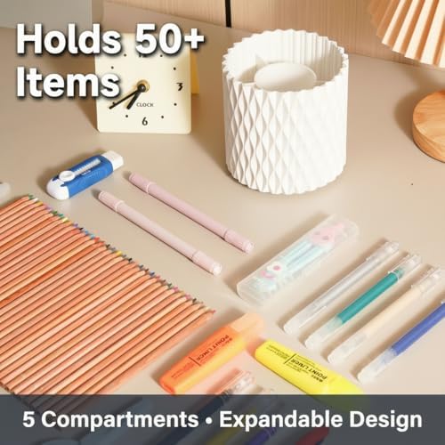 White Pen Holder for Desk, 360° Rotating Pencil Organizer, 5 Slots - Image 6