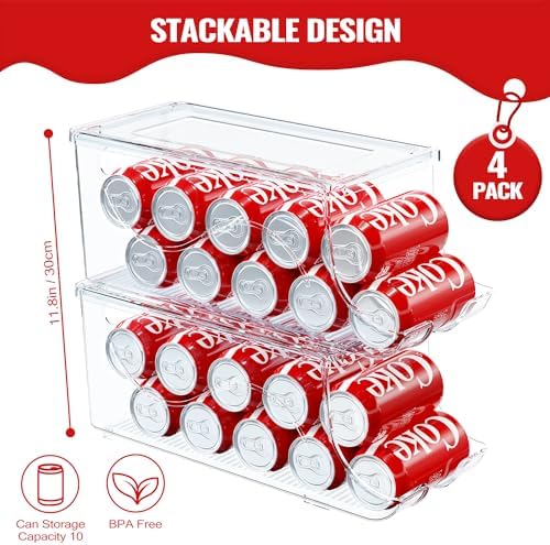SCAVATA 4 Pack Stackable Refrigerator Organizer, Soda Can Dispenser Pop Cans Container Beverage Holder with Lid for Fridge, Freezer, Kitchen, Clear Plastic Storage Bins-Holds 10 Cans Each - Image 2