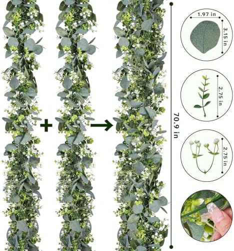 8 Pack Eucalyptus Garland, Faux Plant Artificial Greenery Garland with White Flowers 5.9Ft Eucalyptus Vine Table Centerpiece Decor Fake Vines for Home Mantle Party Wedding Decor Indoor/Outdoor - Image 2