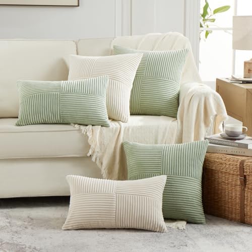 Fancy Homi 2 Packs Sage Green Euro Decorative Throw Pillow Covers 26x26 Inch for Bedroom Couch Bed, Farmhouse Boho Home Decor, Soft Corss Corduroy Patchwork Textured Square Cushion Case 66x66 cm - Image 6