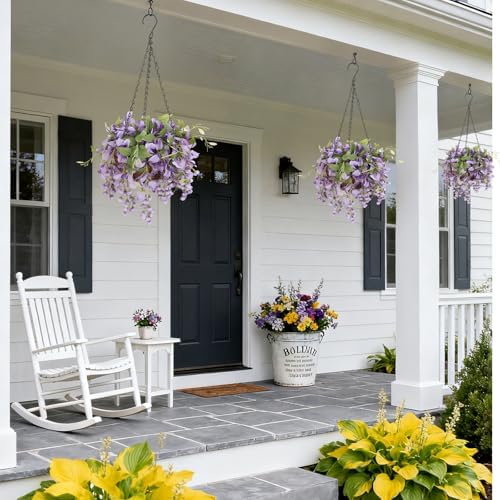 Artificial Hanging Flowers with Basket Plants - Wisteria Hanging Plants for Spring Outdoor Decoration, UV Resistant Fake Flowers Hanging Silk Flowers for Porch Patio Garden Yard Home Decor - Image 5