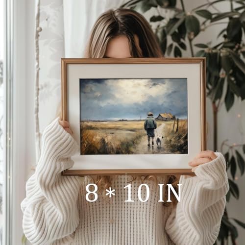 uniro Vintage Fall Landscape Wall Art Boy and Puppy Walking on a Country Lane Retro Autumn Nature Painting Rustic Farmhouse Scenery Prints for Bedroom Bathroom Kitchen Room Decor - 8x10 Unframed - Image 3