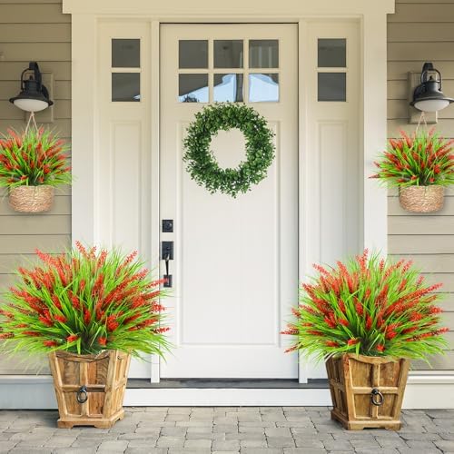 Sggvecsy 12 Bundles Artificial Plants Outdoor Faux Lavender Flowers Fake Monkey Grass UV Resistant Plastic Greenery Plants for Garden Home Porch Window Patio Hanging Planter Indoor Decor (Red) - Image 2