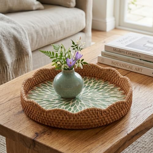 12 Inch Round Rattan Tray Mother of Pearl Inlay, Leaf Style - Image 4