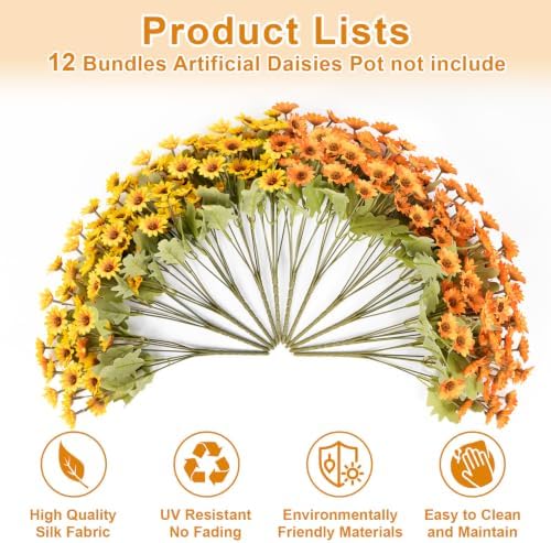 Artificial Daisy Mums for Outdoors, 12 PCS Fall Flowers, Yellow+Orange - Image 5
