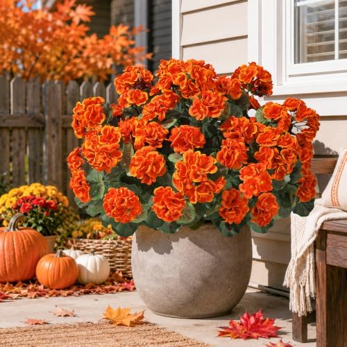 Fake Geraniums Artificial Flowers for Outdoors, 6 Bundles Silk Geraniums Flowers Realistic UV Resistant Fake Plants Faux Flower for Outside Planters Front Door Garden Balcony Yard Porch Indoor, Orange - Image 3