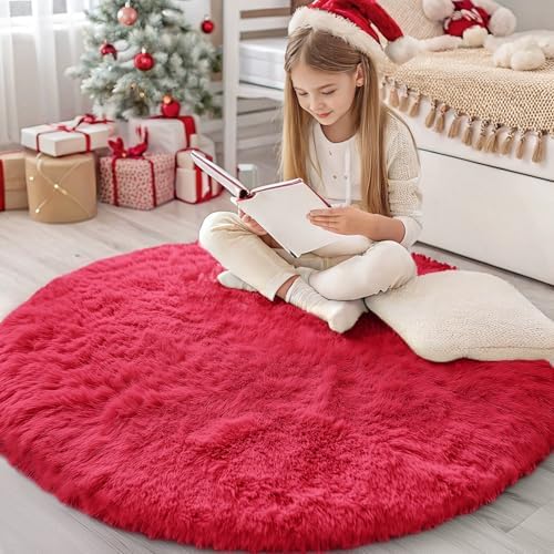 OLANLY Red Round Rugs for Bedroom - Machine Washable, 4 ft Circle Area Rugs for Living Room, Soft and Fluffy Shaggy Carpet for Teen Girls and Boys, Nursery Rooms, Dorms, Home Decor Aesthetic by OLANLY