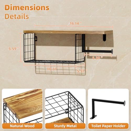 VITVITI Toilet Paper Holder with Shelf, Wall Mounted Storage Basket, Brown - Image 6
