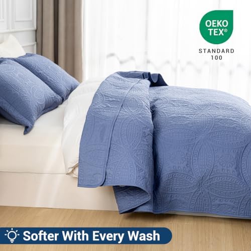 SheRest King Quilt Bedding Set - Grayish Blue Soft Breathable Bed Quilt, Modern Style Embossed Bedspreads, Lightweight Microfiber Reversible Coverlet for All Seasons-3 Pieces (1 Quilt,2 Pillow Shams) - Image 4