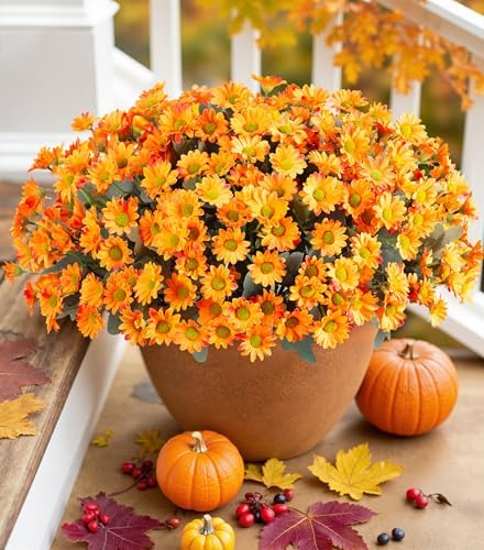 Daisy Artificial Flowers for Outdoors Autumn Fall Decor, 6 Bundles Fake Mums Orange Silk Flowers for Outside Look Real UV Resistant Fake Plants Faux Flowers for Planter Front Door Home Indoor Porch by INSPRING