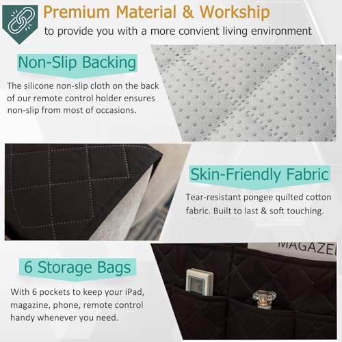 Remote Control Holder for Recliner Armchair Caddy Couch Armrest Organizer, Non-Slip Arm Chair Bedside Caddy Storage Organizer for Recliner Couch With 6 Pockets for Magazine, Phone, iPad (Black) - Image 3