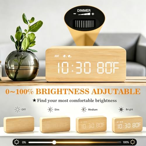 Premium Bamboo Wooden Digital Alarm Clock with Wireless Charging Pad, Time & Temperature Display, Dual Alarms & Snooze, Dimmable, Small LED Desk Clock for Bedroom Nightstand Bedside Living Room Table - Image 4