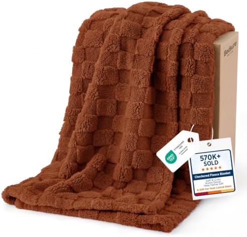 Bedsure Checkered Fleece Throw Blankets for Couch, Burnt Orange 50"×70" by BEDSURE