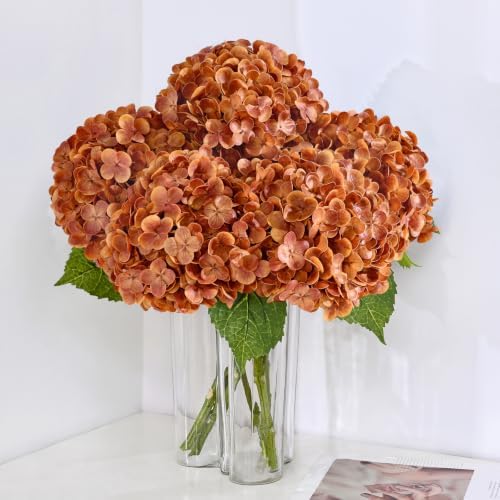 3Pcs 21in Latex Real Touch Hydrangea Artificial Flowers (Fall Orange) by MARTINEMALL