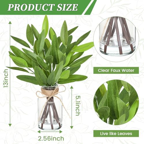 13" Fake Eucalyptus Stems in Vase with Faux Water,Artificial Plants Leaves for Shelf Desk Bathroom Farmhouse Room Coffee Table Home Decor (Eucalyptus-Pointed Leaf) - Image 3