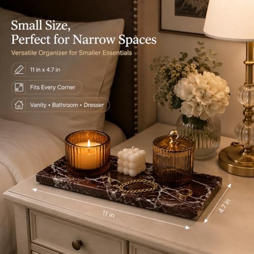 Marble Decorative Tray for Home Decor, Red Vanity Tray for Bathroom Countertop, Small Perfume Tray for Dresser, Luxury Stone Organizer for Jewelry, Candles & Skincare, 11 x 4.7 in - Image 2