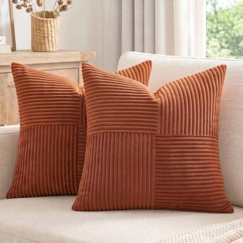 Fancy Homi 2 Packs Rust Samll Decorative Throw Pillow Covers 12x12 Inch with for Living Room Couch Bed, Farmhouse Boho Home Decor, Soft Corss Patchwork Corduroy Square Terracotta Cushion Case 30x30 cm by Fancy+Homi