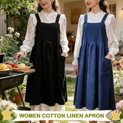 Cotton Linen Apron Cross Back Apron for Women with Pockets Pinafore Dress - Image 3