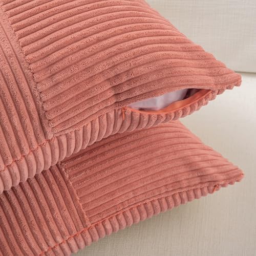 Fancy Homi 2 Packs Coral Long Lumbar Decorative Throw Pillow Covers 12x24 Inch for Couch Bed Sofa, Rustic Farmhouse Boho Home Decor, Soft Striped Corduroy Rectangle Accent Peach Cushion Case 30x60 cm - Image 4