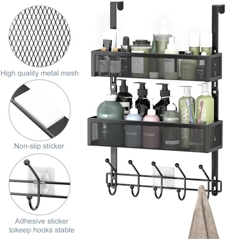 Adjustable Over The Door Hooks Organizer, Door Hanger Coat Rack with 2 Mesh Baskets and 10 Hooks, Back of Door Storage Organizer for Bedroom,Bathroom,Kitchen (Black) - Image 5