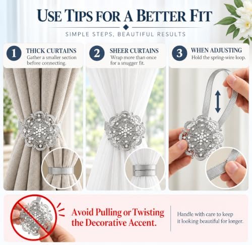 Magnetic Curtain Tiebacks 2 Pack, Silver Crystal Mandala Curtain Holdbacks, No-Drill Magnetic Curtain Ties for Living Room, Bedroom & Window Decor - Image 2
