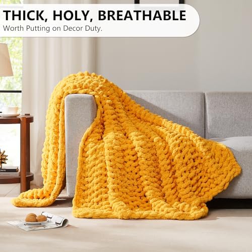 L'AGRATY Chunky Knit Throw Blanket for Couch, 50 x 60 Inches Mustard Yellow - Image 5