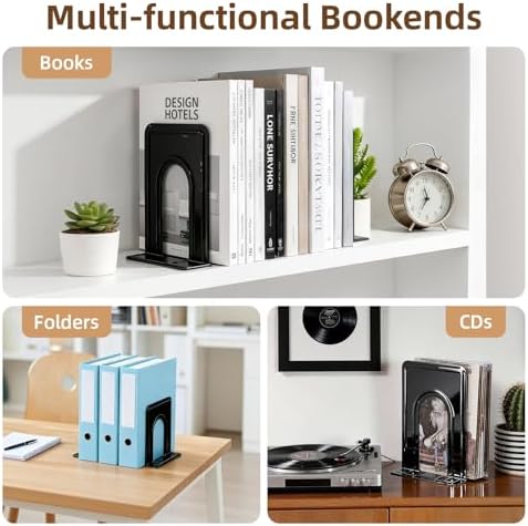 HappyHapi 3 Pairs Book Ends, Heavy Duty Bookends for Shelves, Black - Image 6