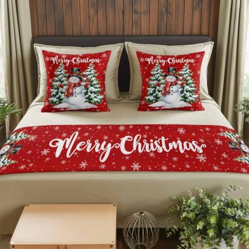 Merry Christmas Bed Runners for Queen Size Beds Winter Snowman Red Bed Scarf Matching Decorative Throw Pillow Covers Xmas Trees Snowflakes Hotel Beds End Blanket Towel Bedspread Protection for Home - Image 2