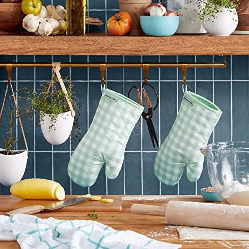 KitchenAid Gingham Oven Mitt 2-Pack Set, Pistachio, 7"x13" - Image 2