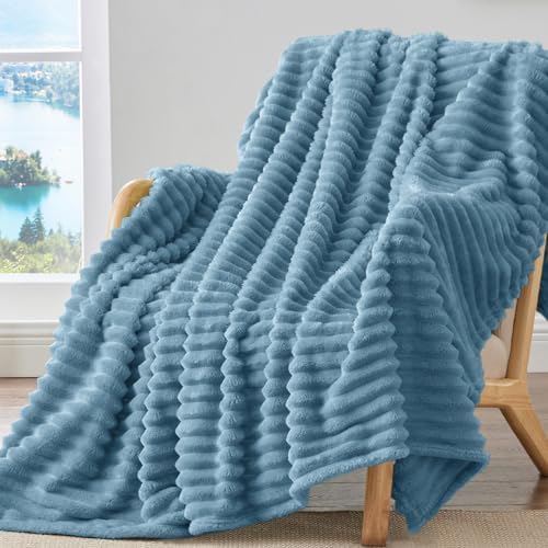 BEDELITE Ribbed Fleece Throw Blanket for Couch, Blue, 50"x70" by BEDELITE