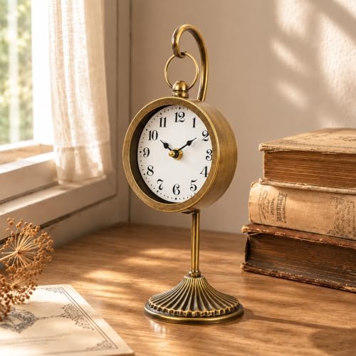 Vintage Gold Metal Table Clock, Small Farmhouse Table Clock, Silent Battery Operated Non-Ticking Desk and Shelf Clocks for Living Room, Kitchen, Shelf, Bedroom Decor by JUMBOHUMBLE