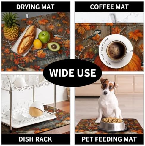 Fall Dish Drying Mat for Kitchen Counter 16x18 Autumn Pumpkin Maple Leaves Birds Dish Drying Pad for Dishes Microfiber Absorbent Dishes Drainer Mats Thanksgiving Dish Rack Mat - Image 7