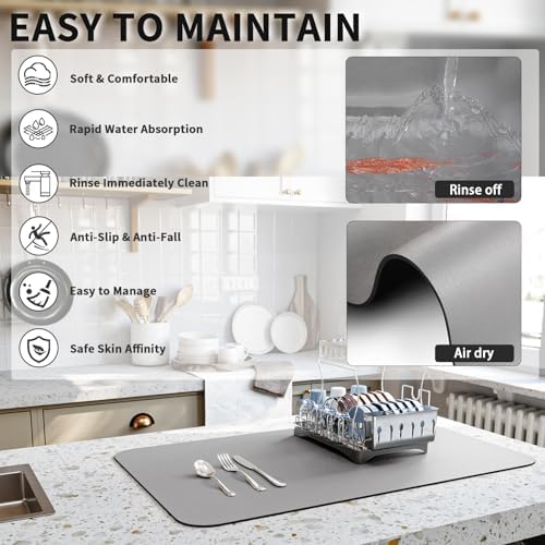 HotLive Dish Drying Mat for Kitchen Counter, Heat Resistant Drainer Mats with Non-slip Rubber Backed, Hide Stain Kitchen Super Absorbent Draining Mat, Easy to Clean Dish Rack Pad, Grey 16"x18" - Image 4