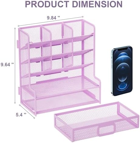 Marbrasse Larger Mesh Desk Organizer with Drawer, Multi-Functional Pen Pencil Holder, Easy Assembly, Desk Organizers and Accessories for Office Art Supplies (Purple) - Image 4