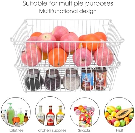 Set of 2 Stackable XXL Wire Baskets For Pantry Storage and Organization -16x12in Large Metal Food Baskets -Vegetable,Fruit,Potato,Onio, Pantry Storage Bins With Handles (White, XXL) - Image 2