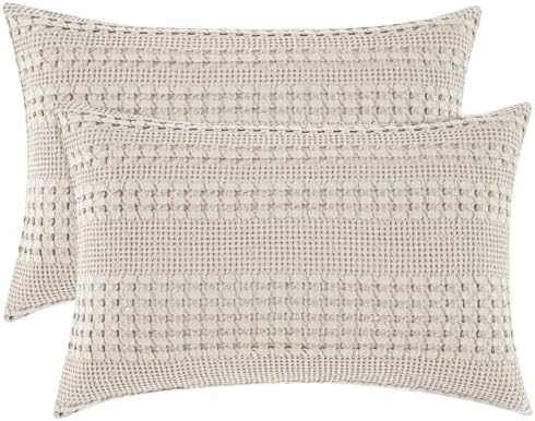 PHF Cotton Waffle Pillow Shams King Size 20" x 36", Oatmeal, No Insert by PHF