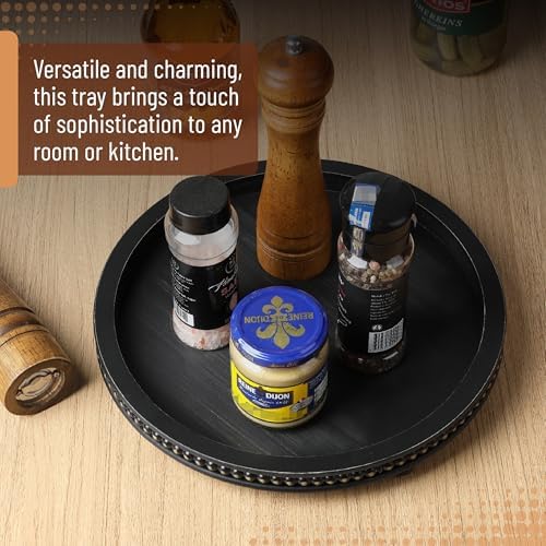 Bamboo Land- Round Decorative Trays for Coffee Table, 12", Black, Wood Tripod & Beaded Design, Wooden Round Tray for Coffee Table - Image 5