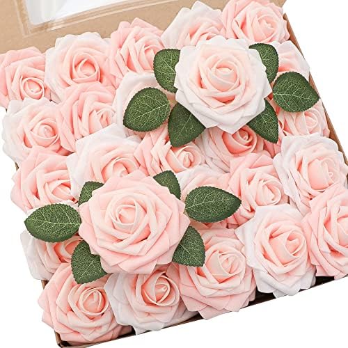 Floroom Artificial Flowers 50pcs Real Looking Blush Shades Foam Fake Roses with Stems for DIY Wedding Bouquets Bridal Shower Pink Centerpieces Floral Arrangements Party Tables Home Decorations by Floroom