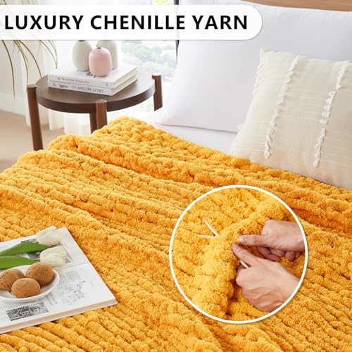 L'AGRATY Chunky Knit Throw Blanket for Couch, 50 x 60 Inches Mustard Yellow - Image 3