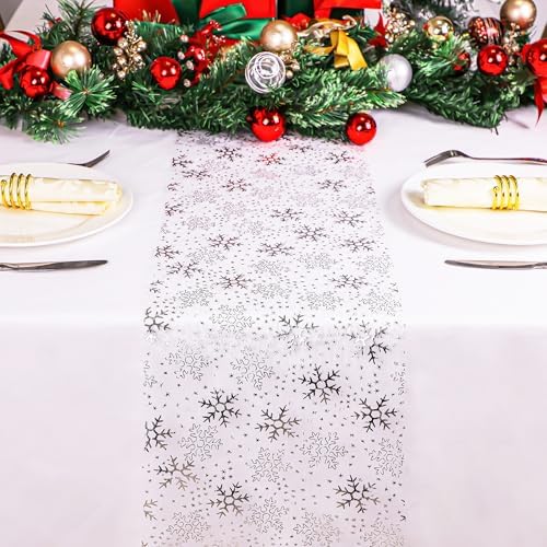 Snowkingdom Christmas Snowflake Silver Table Runner 11 Inch x 100 Feet Sparkly Silver Foil Glitter Metallic Mesh Dining Table Decorations for Seasonal Winter Xmas Festival Holiday Home Party - Image 2