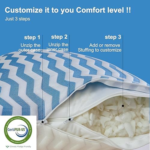 Pillows Queen Size for Bed - Adjustable Firm Pillow for Back Stomach and Side Sleeper - Shredded Memory Foam Cooling Pillow for Neck and Shoulder Pain with Washable Cover - Image 2