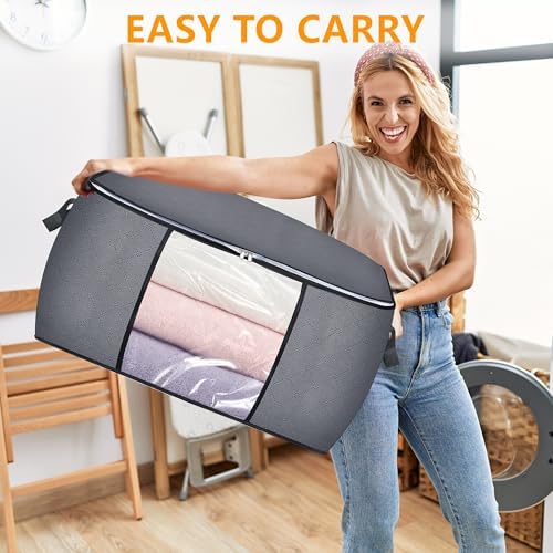 90L Large Blanket Storage Bags, 6 Pack Clothes Storage Bag Comforter Storage Bin with Reinforced Handle and Lid Foldable Closet Organizer and Storage Containers for Bedding Sheets and Duvet - Image 6