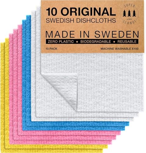 SUPERSCANDI 10 Pack Swedish Dishcloths for Kitchen - 100% Biodegradable & Compostable | Reusable Paper Towels Washable, Food-Safe & Without Plastic - Dish Rags Suitable for Any Surface | Multicolor by SUPERSCANDI