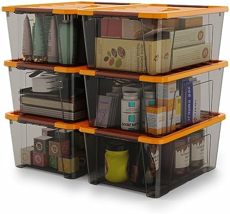 WYT 5-Quart Small Storage Container Bin with Orange Secure Lid and Black Clear Latch Buckles, Durable Plastic Stackable Nestable Organizin, 6-Pack by WYT