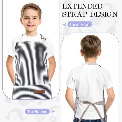 2 Pack Stripes Kids Apron, Kids Cooking Aprons with 2 Pockets, Cute Aprons for Cooking for Boys and Girls - Image 5