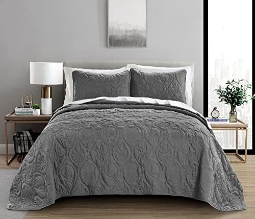 Pure Bedding Quilt Set King/Cal King/California King Size Dark Grey - Oversized Bedspread - Microfiber Coverlet - Includes 1 Quilt and 2 Shams, Ocean Star Pattern - Image 2