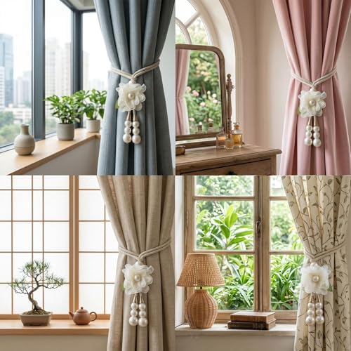 Adjustable Curtain Tiebacks， 4pcs(2pair) Hand-Woven Rope with Silk Flower & Pearl， Decorative Window Cord Holders for Drapery， Long Loop Design for All Curtain Thickness (Ivory White) - Image 4