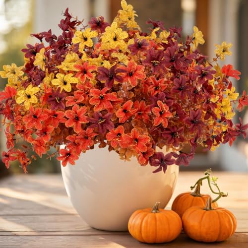 Artificial Fall Flowers Outdoor, UV Resistant Faux Mums with Eucalyptus by GeegoodsLLC