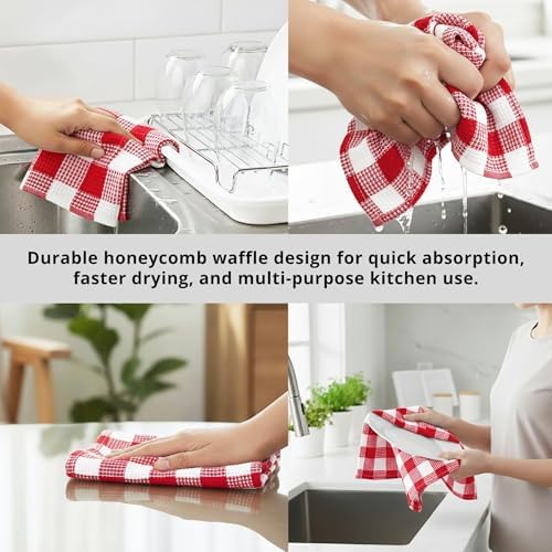 Waffle Weave Plaid Dish Cloth, DishTowel 15x25"Set of 6 - Red & White - Image 5